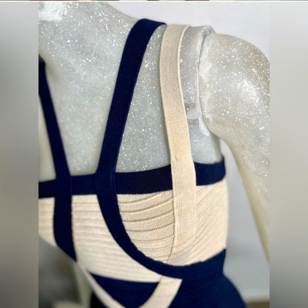 WOW COUTURE BODYCON MINI DRESS SMALL NAVY CREAM BANDAGE STRAPPY - Picture 3 of 6